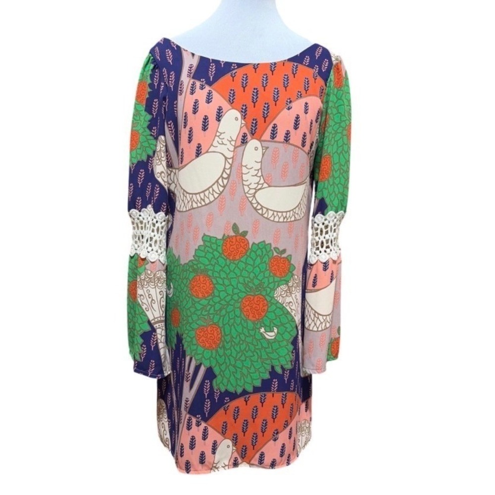 Judith March Vintage Bird Print Mini Dress M Crochet Bell Sleeves Plunging Back